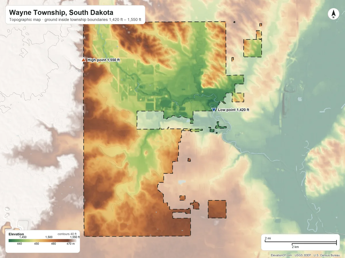 Topographic elevation map of Wayne Township, South Dakota, shaded from 1,420 ft on the northeast side to 1,550 ft on the northwest side