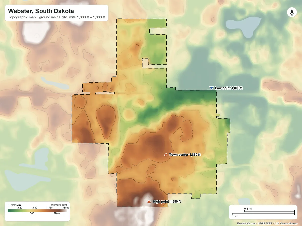 Topographic elevation map of Webster, South Dakota, shaded from 1,800 ft on the northeast side to 1,880 ft on the south side