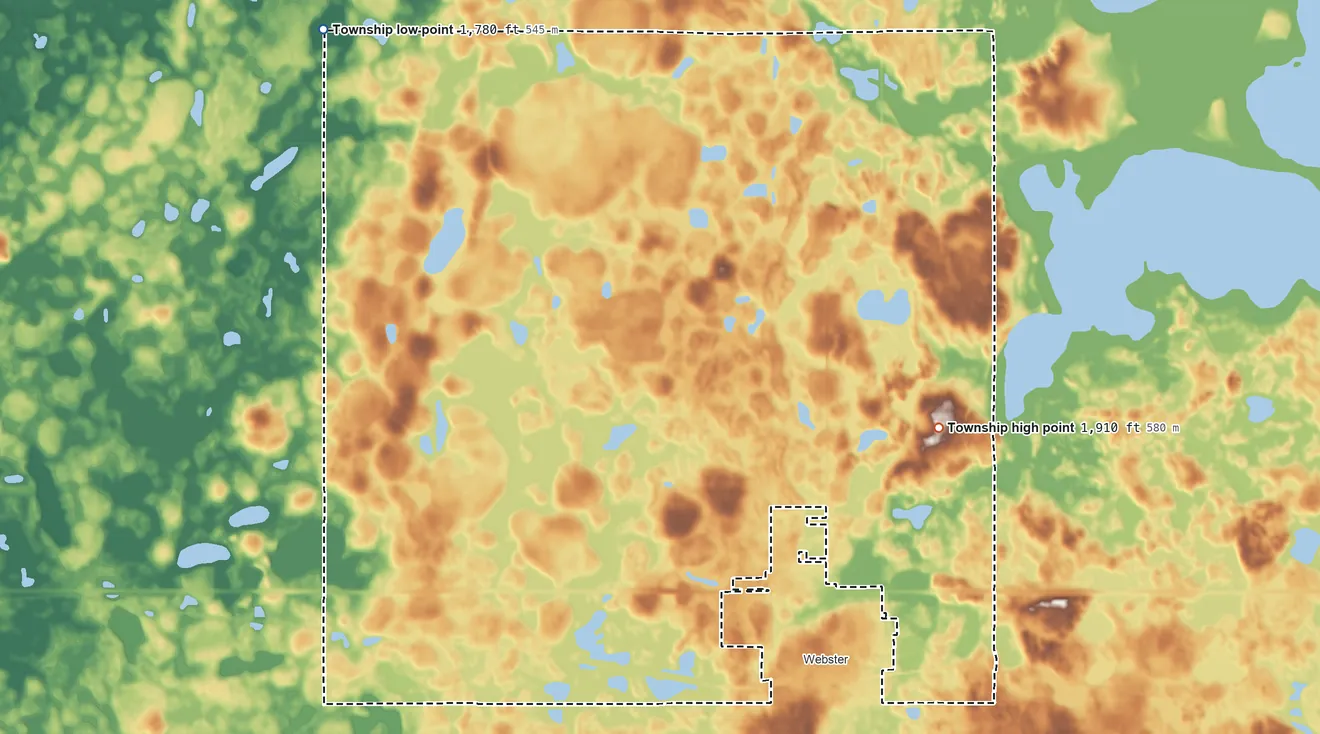 Topographic elevation map of Webster Township, South Dakota, shaded from 1,780 ft on the northwest side to 1,910 ft on the east side