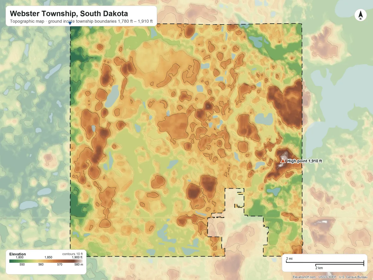 Topographic elevation map of Webster Township, South Dakota, shaded from 1,780 ft on the northwest side to 1,910 ft on the east side