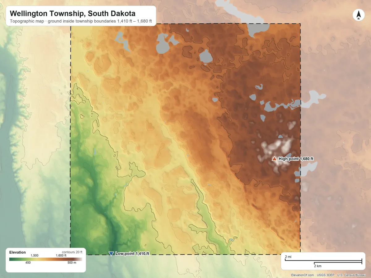 Topographic elevation map of Wellington Township, South Dakota, shaded from 1,410 ft on the southwest side to 1,680 ft on the southeast side