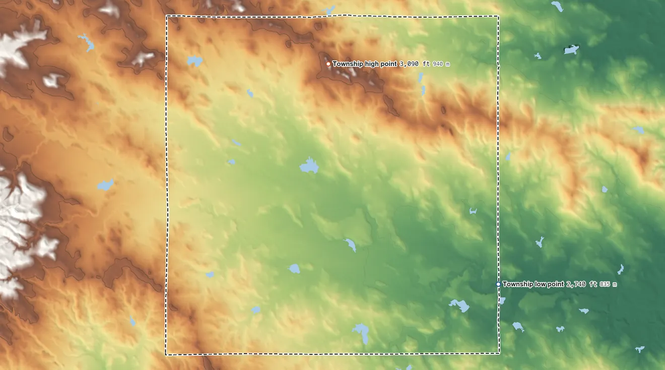 Topographic elevation map of Wells Township, South Dakota, shaded from 2,740 ft on the east side to 3,090 ft on the northeast side