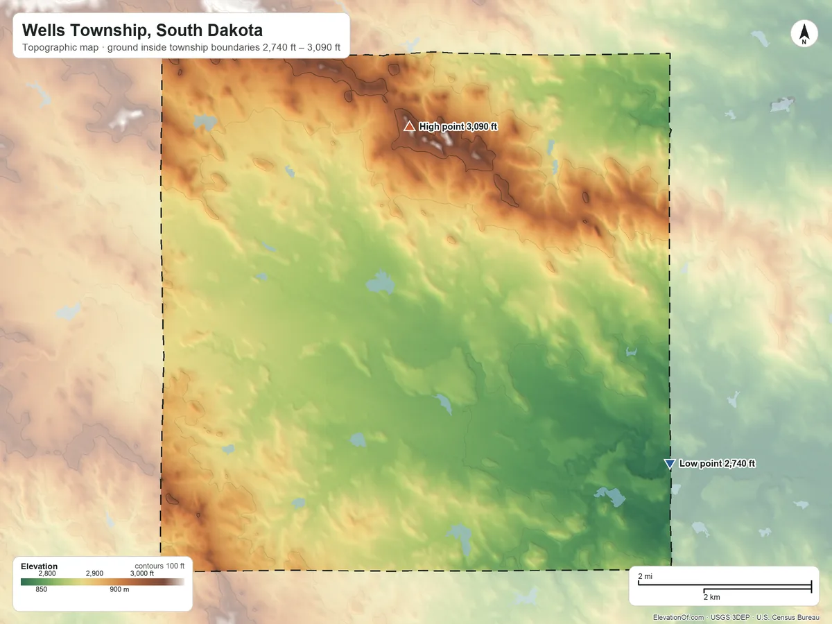 Topographic elevation map of Wells Township, South Dakota, shaded from 2,740 ft on the east side to 3,090 ft on the northeast side