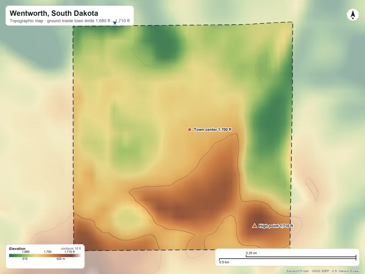 Topographic elevation map of Wentworth, South Dakota, shaded from 1,680 ft on the northwest side to 1,710 ft on the southeast side
