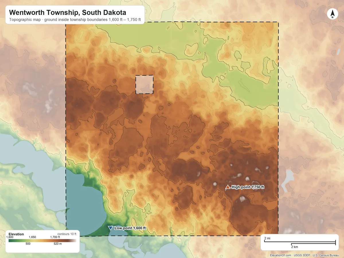 Topographic elevation map of Wentworth Township, South Dakota, shaded from 1,600 ft on the south side to 1,750 ft on the east side