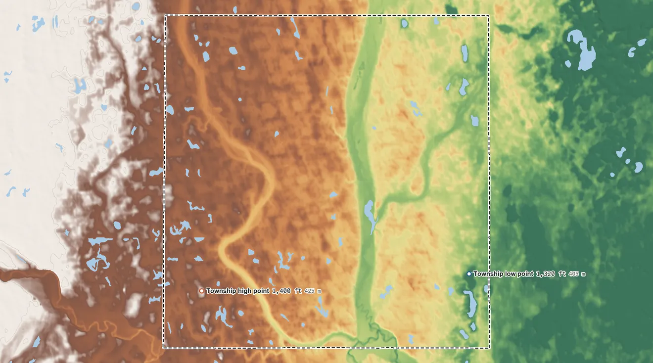 Topographic elevation map of Wesley Township, South Dakota, shaded from 1,320 ft on the southeast side to 1,400 ft on the southwest side