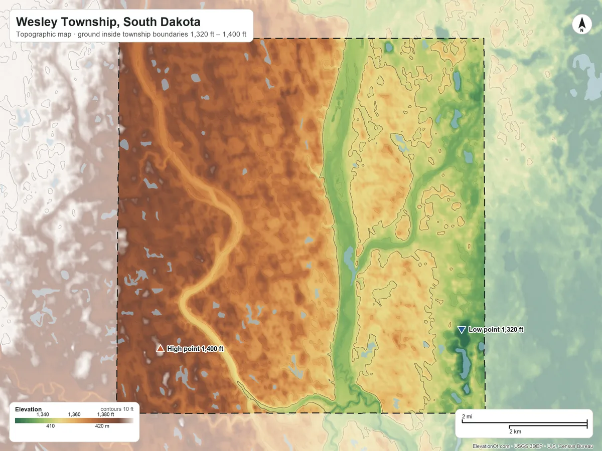 Topographic elevation map of Wesley Township, South Dakota, shaded from 1,320 ft on the southeast side to 1,400 ft on the southwest side