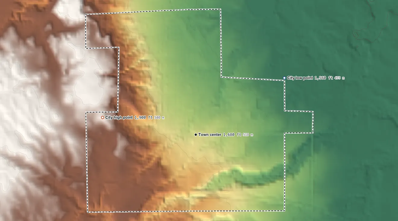 Topographic elevation map of Wessington Springs, South Dakota, shaded from 1,560 ft on the northeast side to 1,900 ft on the west side