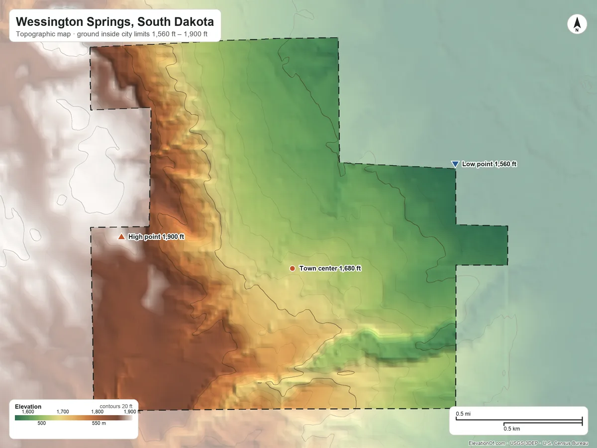 Topographic elevation map of Wessington Springs, South Dakota, shaded from 1,560 ft on the northeast side to 1,900 ft on the west side