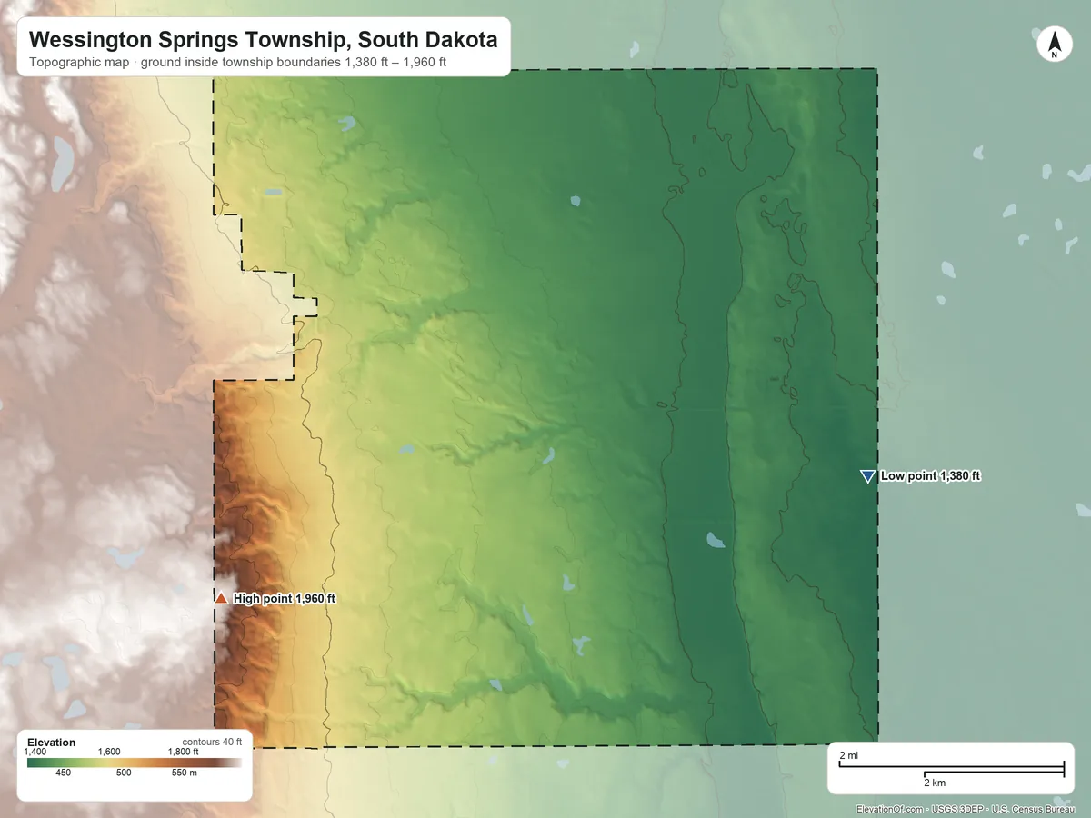 Topographic elevation map of Wessington Springs Township, South Dakota, shaded from 1,380 ft on the east side to 1,960 ft on the southwest side