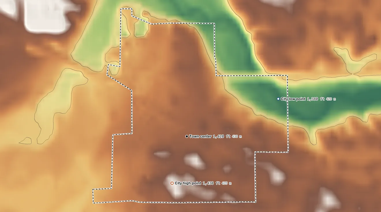 Topographic elevation map of Wessington, South Dakota, shaded from 1,380 ft on the east side to 1,430 ft on the south side