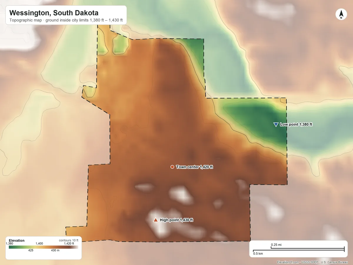 Topographic elevation map of Wessington, South Dakota, shaded from 1,380 ft on the east side to 1,430 ft on the south side