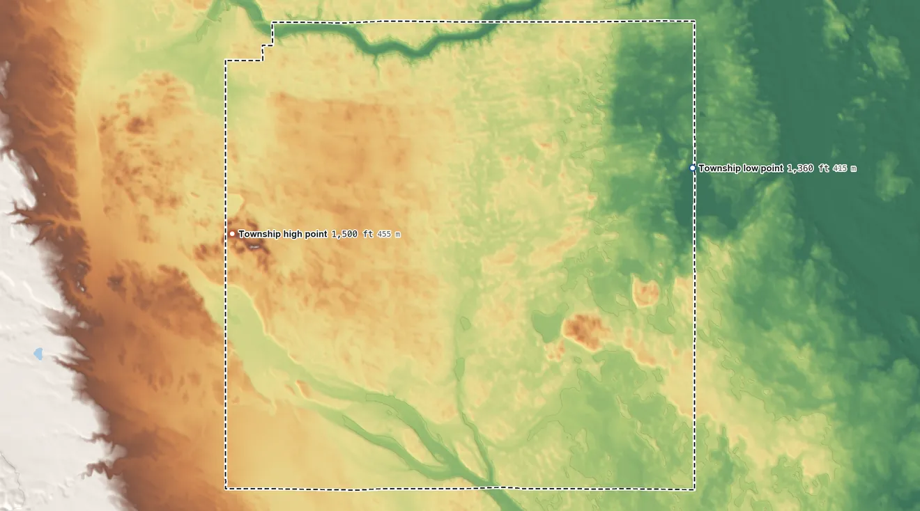 Topographic elevation map of Wessington Township, South Dakota, shaded from 1,360 ft on the east side to 1,500 ft on the west side