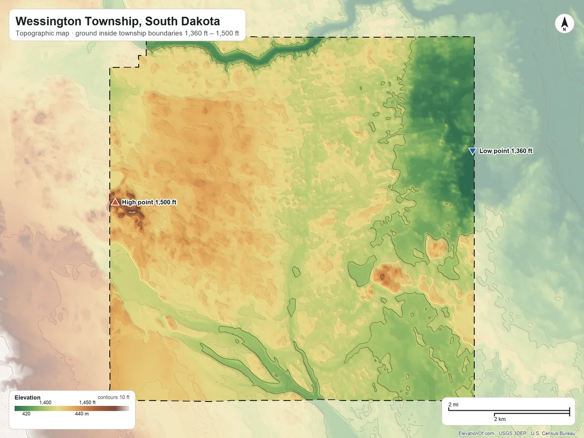 Topographic elevation map of Wessington Township, South Dakota, shaded from 1,360 ft on the east side to 1,500 ft on the west side