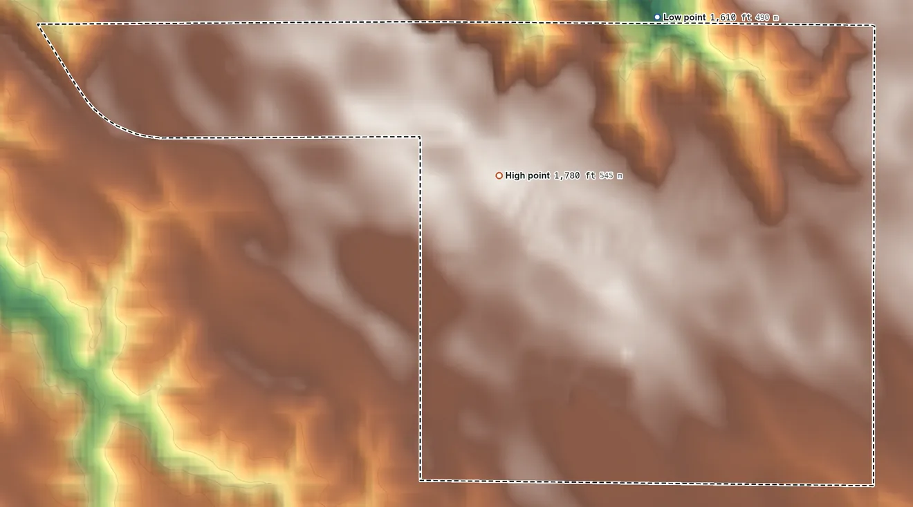 Topographic elevation map of West Brule, South Dakota, shaded from 1,610 ft on the north side to 1,780 ft on the west side