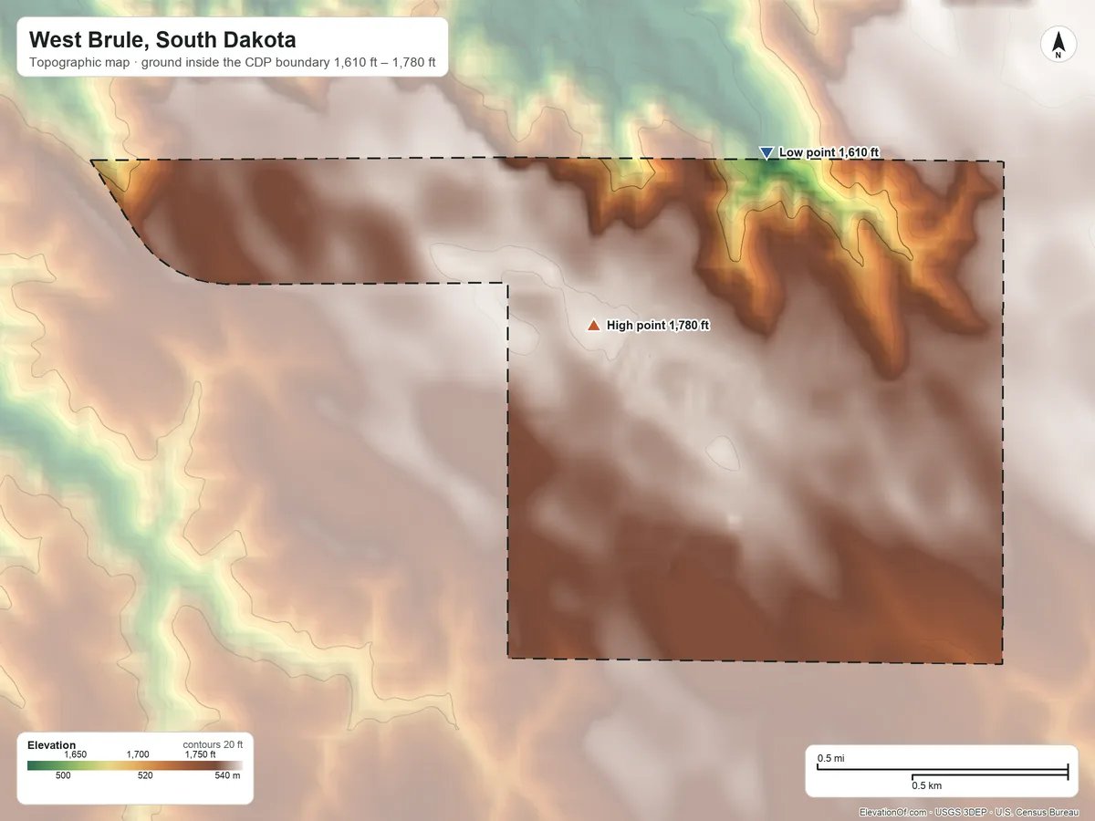 Topographic elevation map of West Brule, South Dakota, shaded from 1,610 ft on the north side to 1,780 ft on the west side