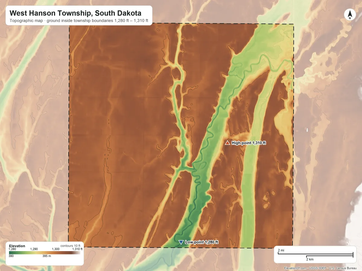 Topographic elevation map of West Hanson Township, South Dakota, shaded from 1,280 ft on the south side to 1,310 ft on the east side