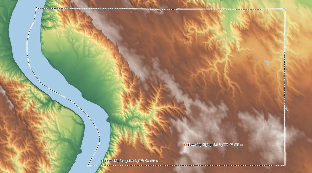 Topographic elevation map of West Point Township, South Dakota, shaded from 1,360 ft on the southwest side to 1,820 ft on the southeast side