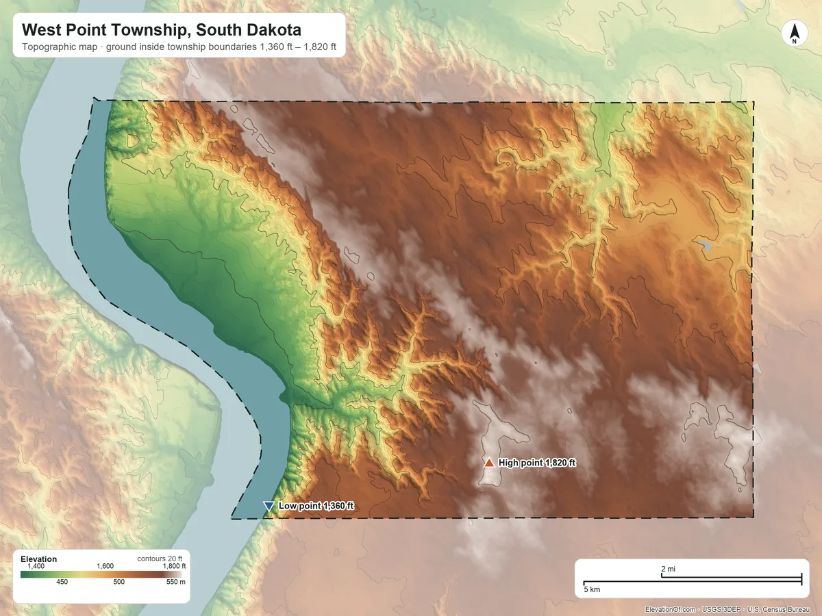 Topographic elevation map of West Point Township, South Dakota, shaded from 1,360 ft on the southwest side to 1,820 ft on the southeast side
