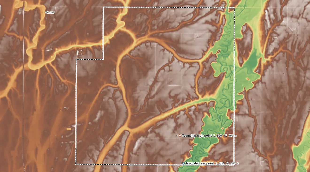 Topographic elevation map of West Rondell Township, South Dakota, shaded from 1,260 ft on the southeast side to 1,300 ft on the southeast side