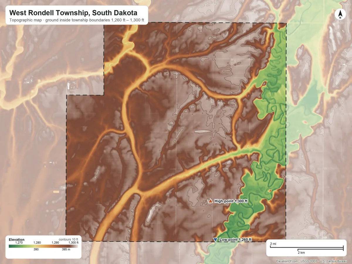Topographic elevation map of West Rondell Township, South Dakota, shaded from 1,260 ft on the southeast side to 1,300 ft on the southeast side