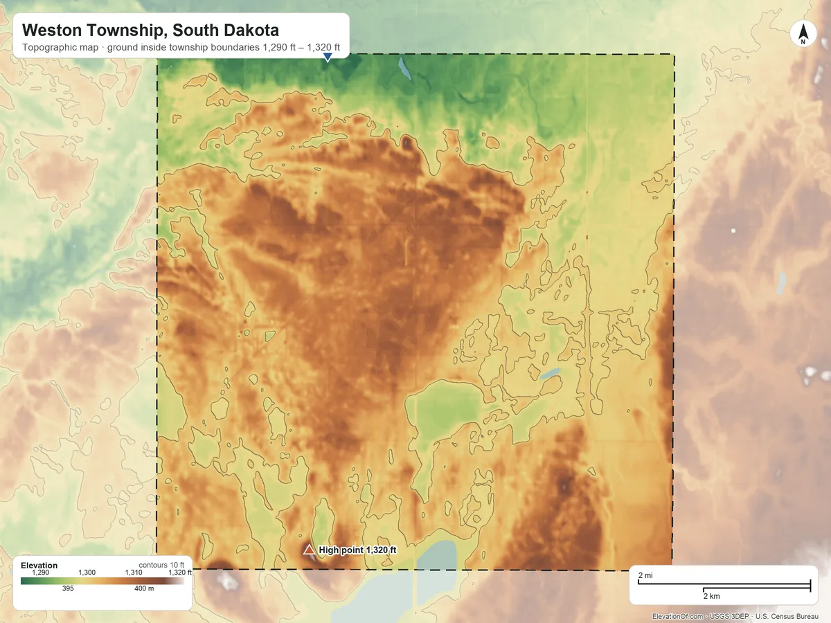 Topographic elevation map of Weston Township, South Dakota, shaded from 1,290 ft on the north side to 1,320 ft on the southwest side