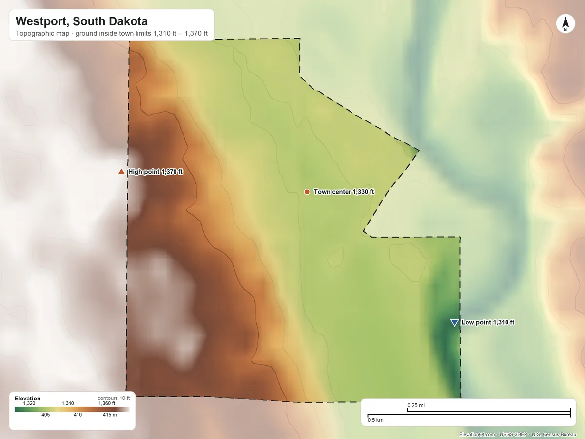 Topographic elevation map of Westport, South Dakota, shaded from 1,310 ft on the southeast side to 1,370 ft on the west side