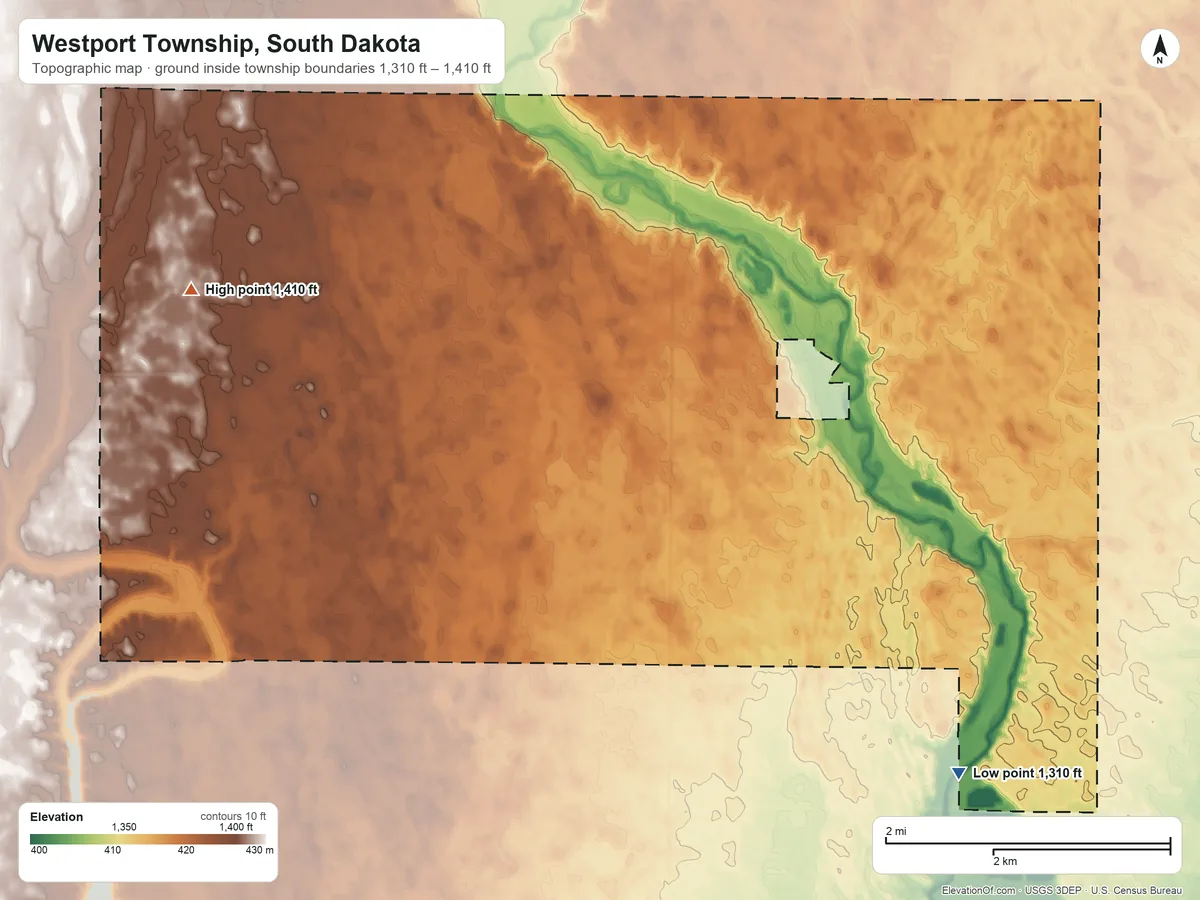 Topographic elevation map of Westport Township, South Dakota, shaded from 1,310 ft on the southeast side to 1,410 ft on the west side