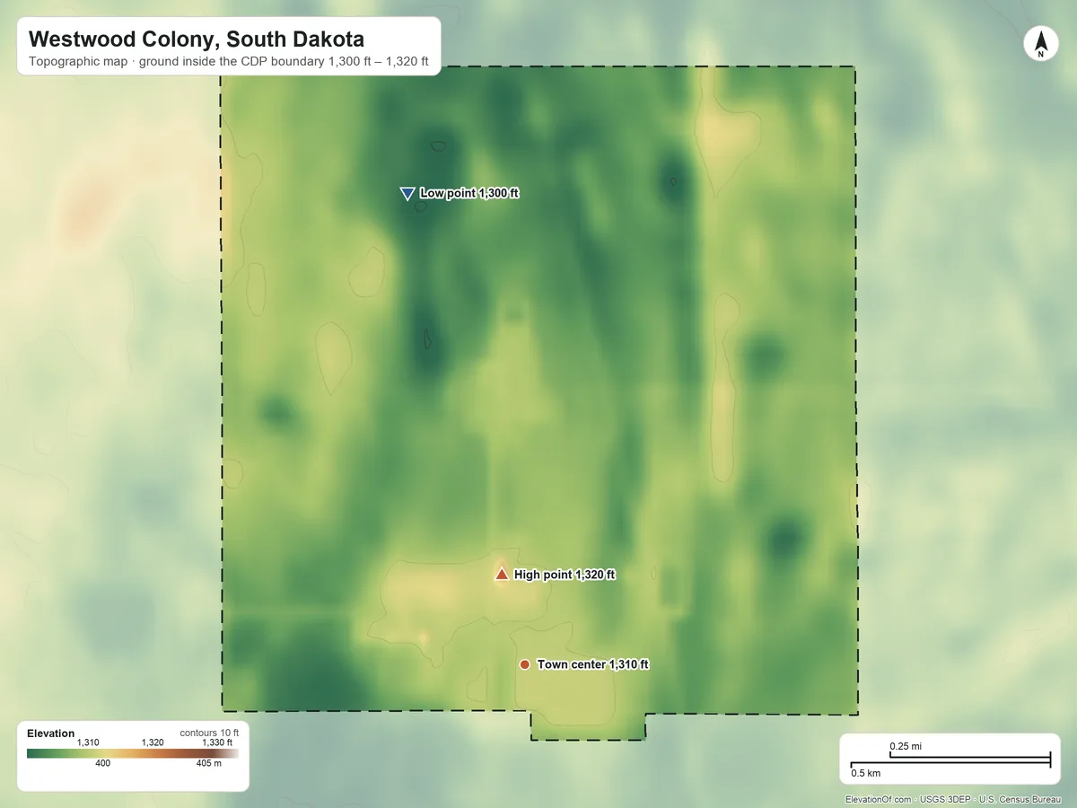 Topographic elevation map of Westwood Colony, South Dakota, shaded from 1,300 ft on the north side to 1,320 ft near the middle