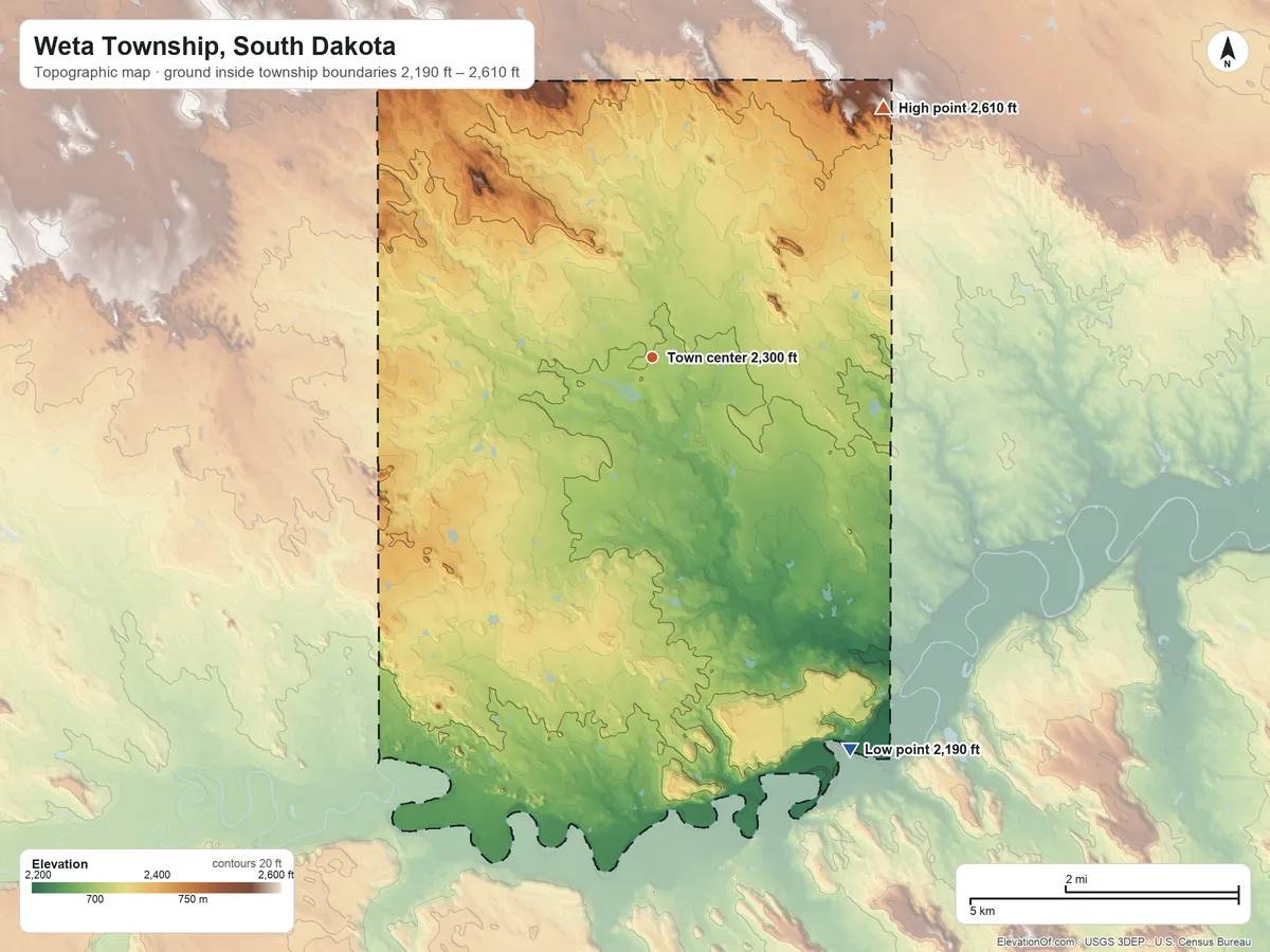Topographic elevation map of Weta Township, South Dakota, shaded from 2,190 ft on the southeast side to 2,610 ft on the northeast side