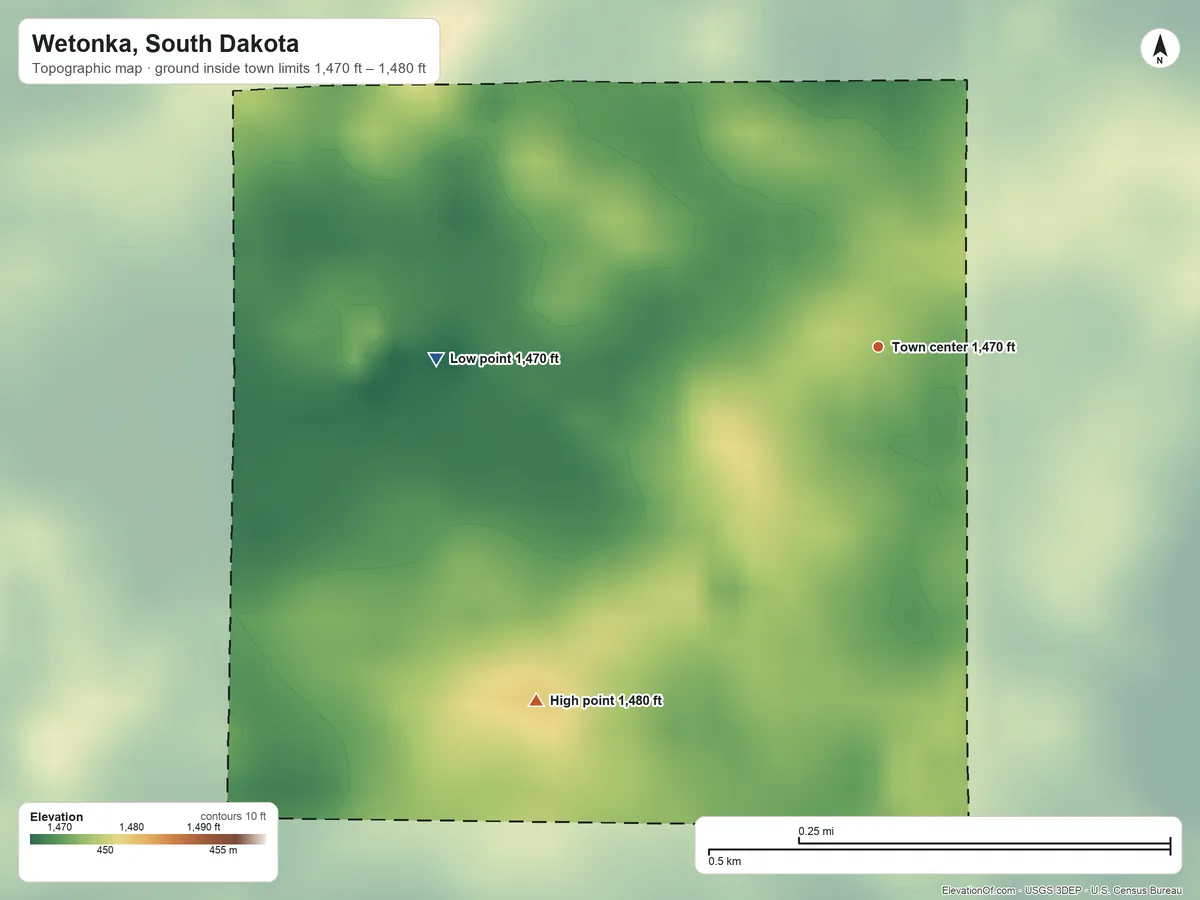 Topographic elevation map of Wetonka, South Dakota, shaded from 1,470 ft on the west side to 1,480 ft on the southwest side