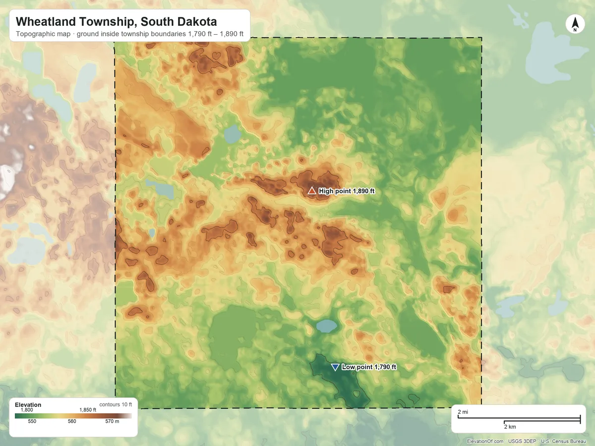 Topographic elevation map of Wheatland Township, South Dakota, shaded from 1,790 ft on the southeast side to 1,890 ft on the northeast side