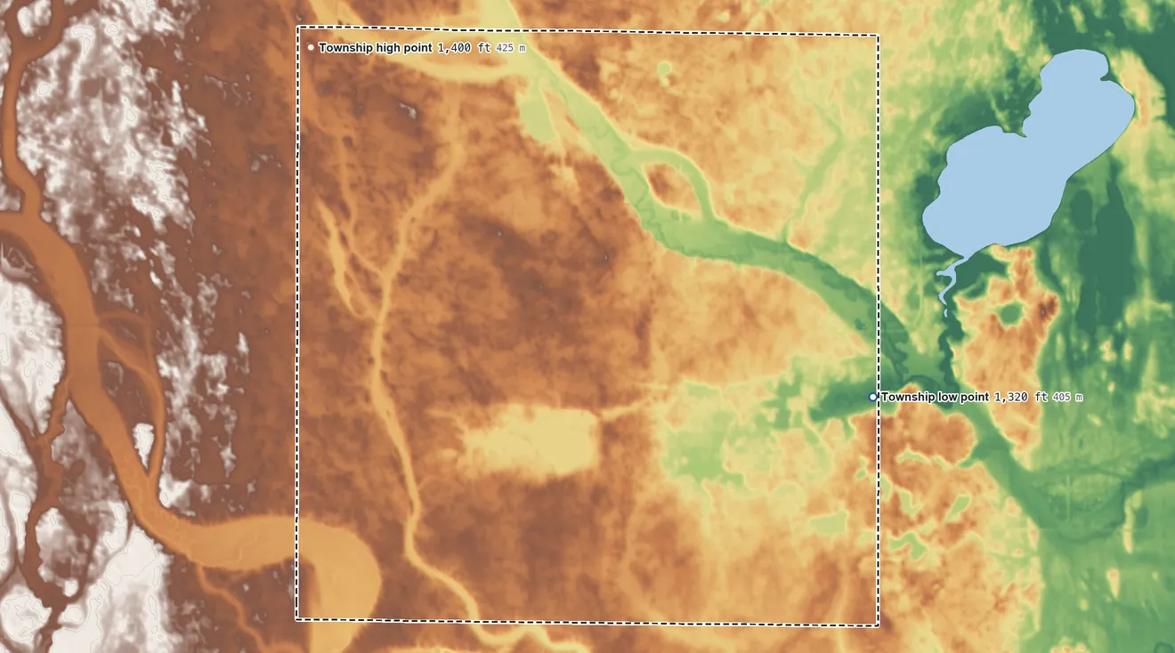 Topographic elevation map of Wheaton Township, South Dakota, shaded from 1,320 ft on the southeast side to 1,400 ft on the northwest side