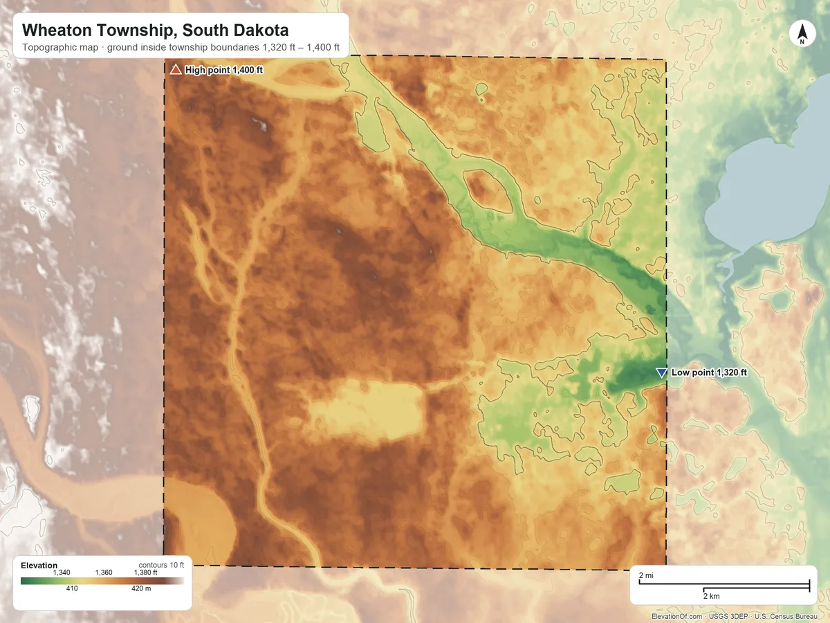 Topographic elevation map of Wheaton Township, South Dakota, shaded from 1,320 ft on the southeast side to 1,400 ft on the northwest side