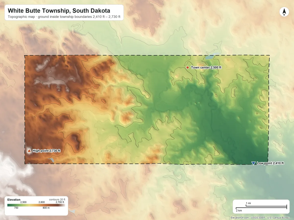 Topographic elevation map of White Butte Township, South Dakota, shaded from 2,410 ft on the southeast side to 2,730 ft on the southwest side