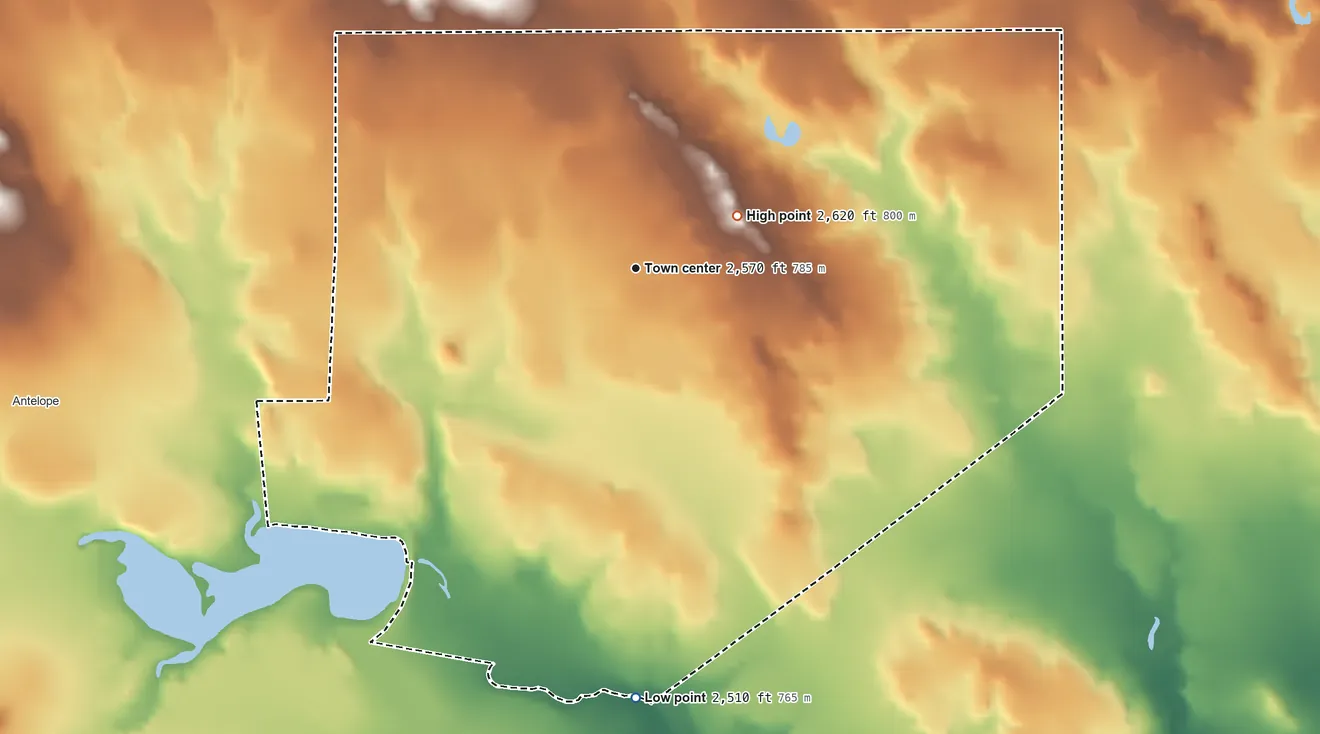 Topographic elevation map of White Horse, South Dakota, shaded from 2,510 ft on the south side to 2,620 ft on the northeast side