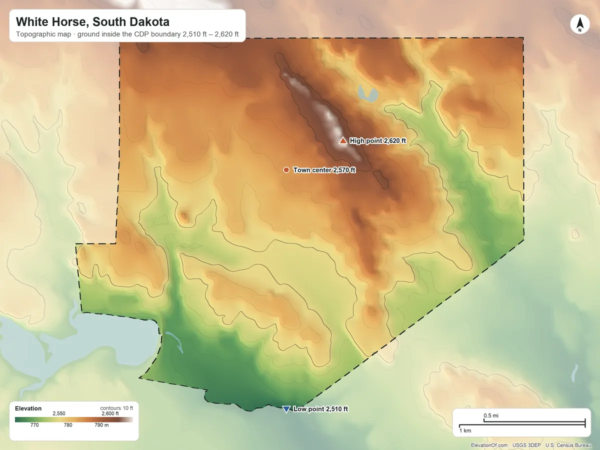 Topographic elevation map of White Horse, South Dakota, shaded from 2,510 ft on the south side to 2,620 ft on the northeast side