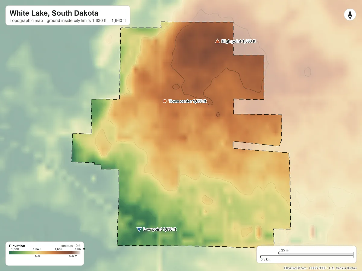 Topographic elevation map of White Lake, South Dakota, shaded from 1,630 ft on the south side to 1,660 ft on the northeast side