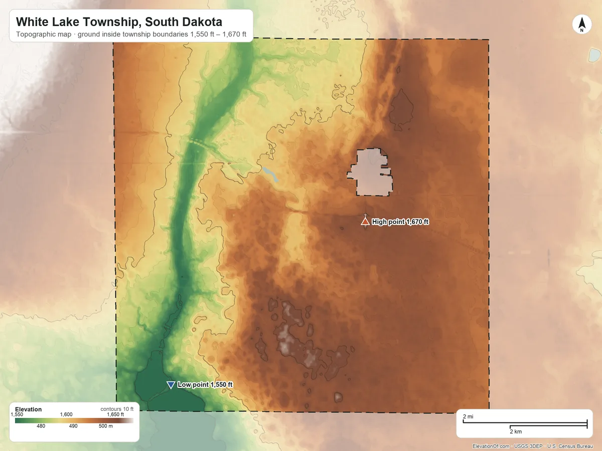 Topographic elevation map of White Lake Township, South Dakota, shaded from 1,550 ft on the southwest side to 1,670 ft on the southeast side