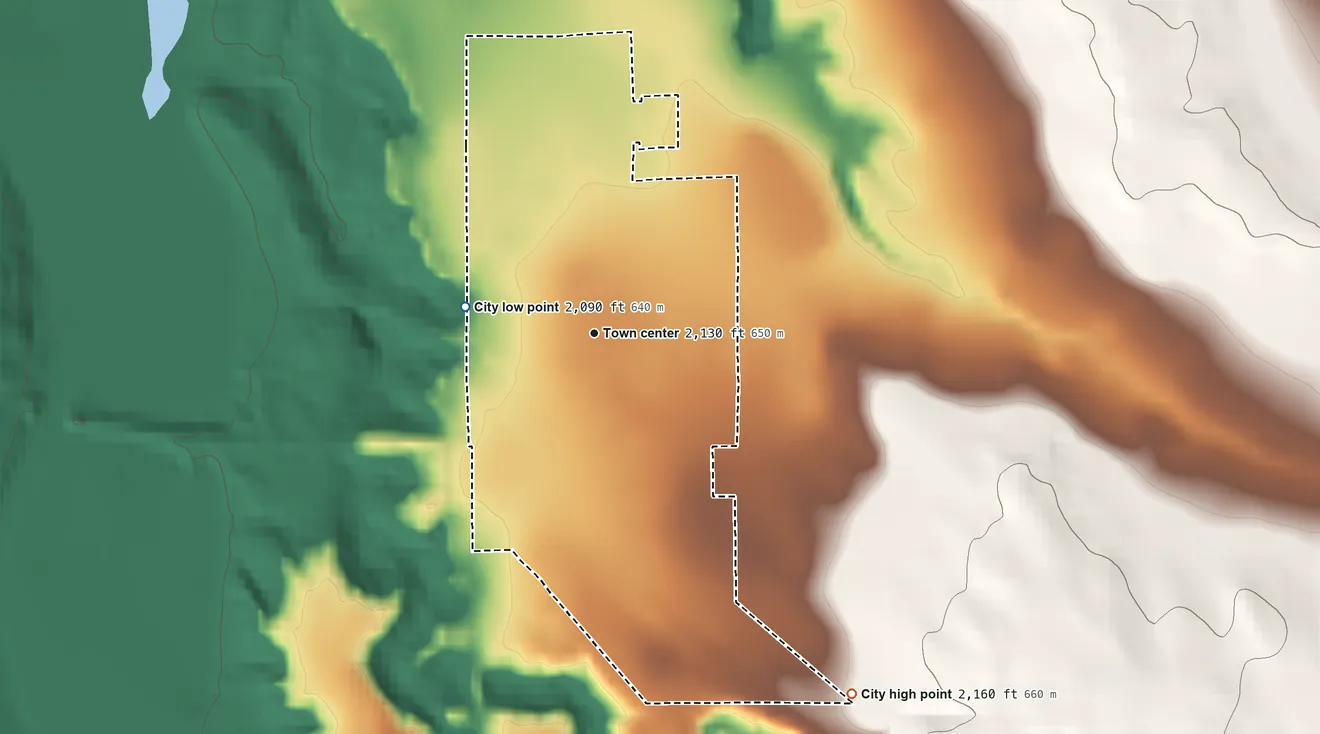 Topographic elevation map of White River, South Dakota, shaded from 2,090 ft on the west side to 2,160 ft on the southeast side