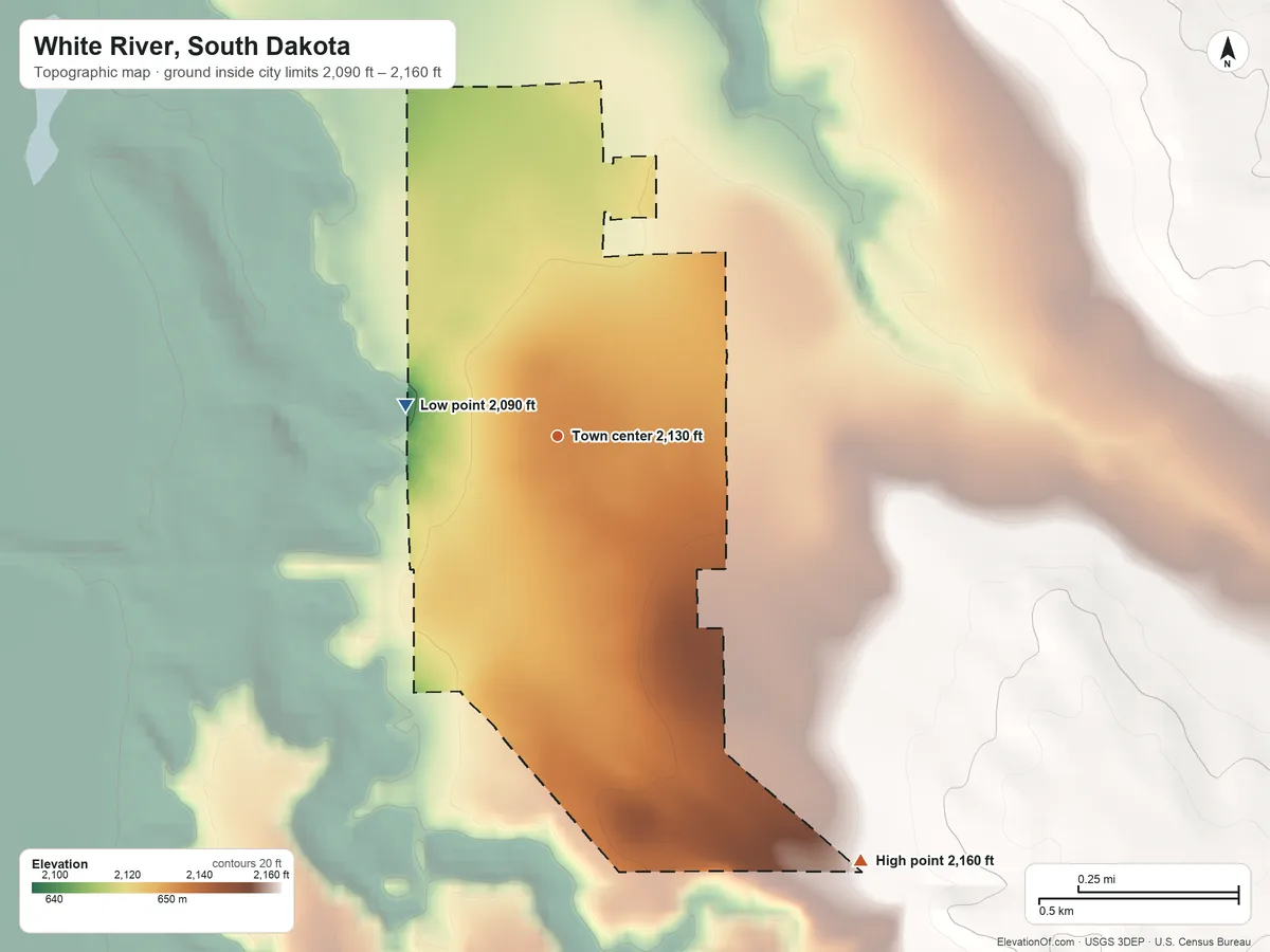 Topographic elevation map of White River, South Dakota, shaded from 2,090 ft on the west side to 2,160 ft on the southeast side