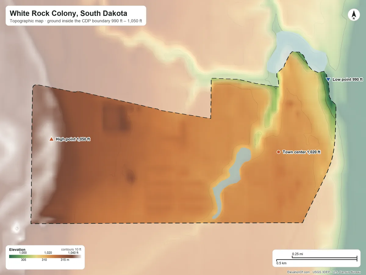 Topographic elevation map of White Rock Colony, South Dakota, shaded from 990 ft on the northeast side to 1,050 ft on the west side