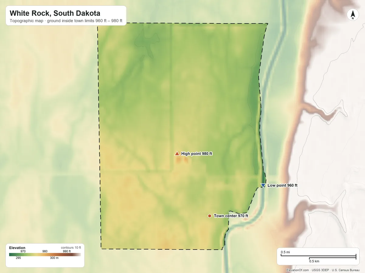 Topographic elevation map of White Rock, South Dakota, shaded from 960 ft on the northeast side to 980 ft on the northwest side