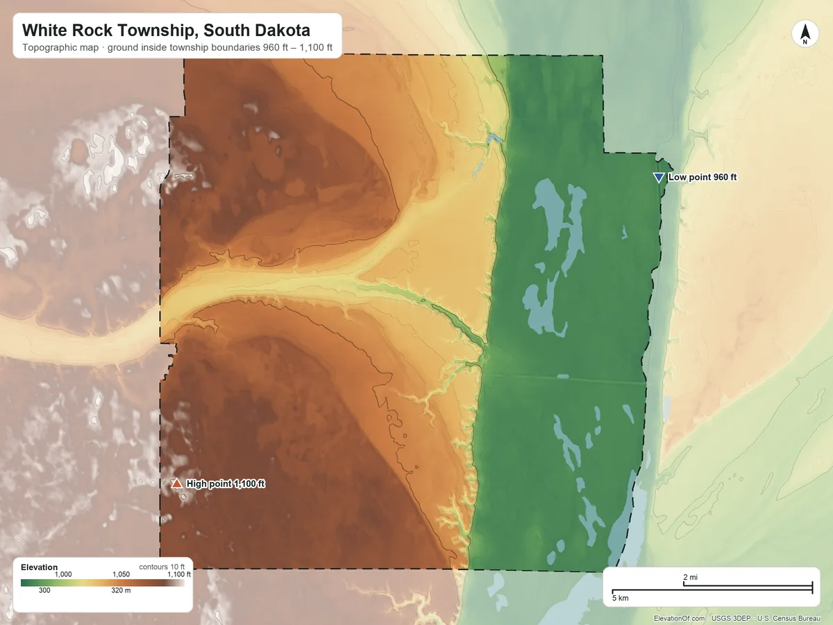 Topographic elevation map of White Rock Township, South Dakota, shaded from 960 ft on the east side to 1,100 ft on the southwest side
