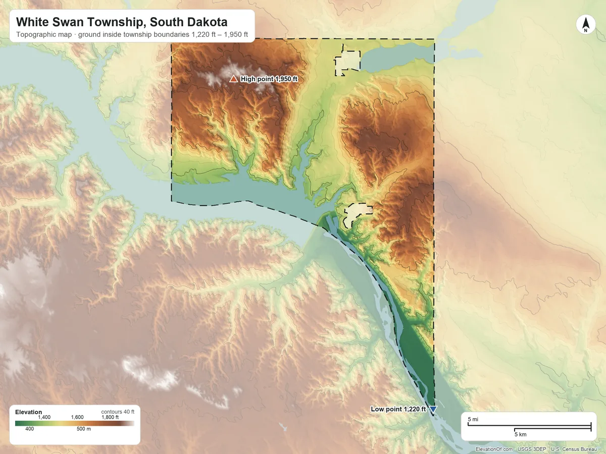 Topographic elevation map of White Swan Township, South Dakota, shaded from 1,220 ft on the south side to 1,950 ft on the west side