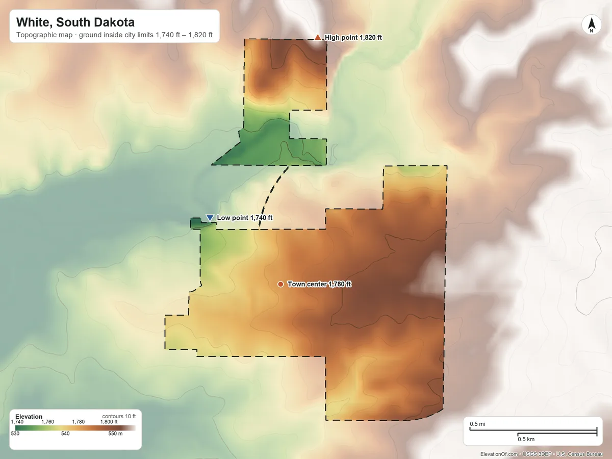 Topographic elevation map of White, South Dakota, shaded from 1,740 ft on the northwest side to 1,820 ft on the north side
