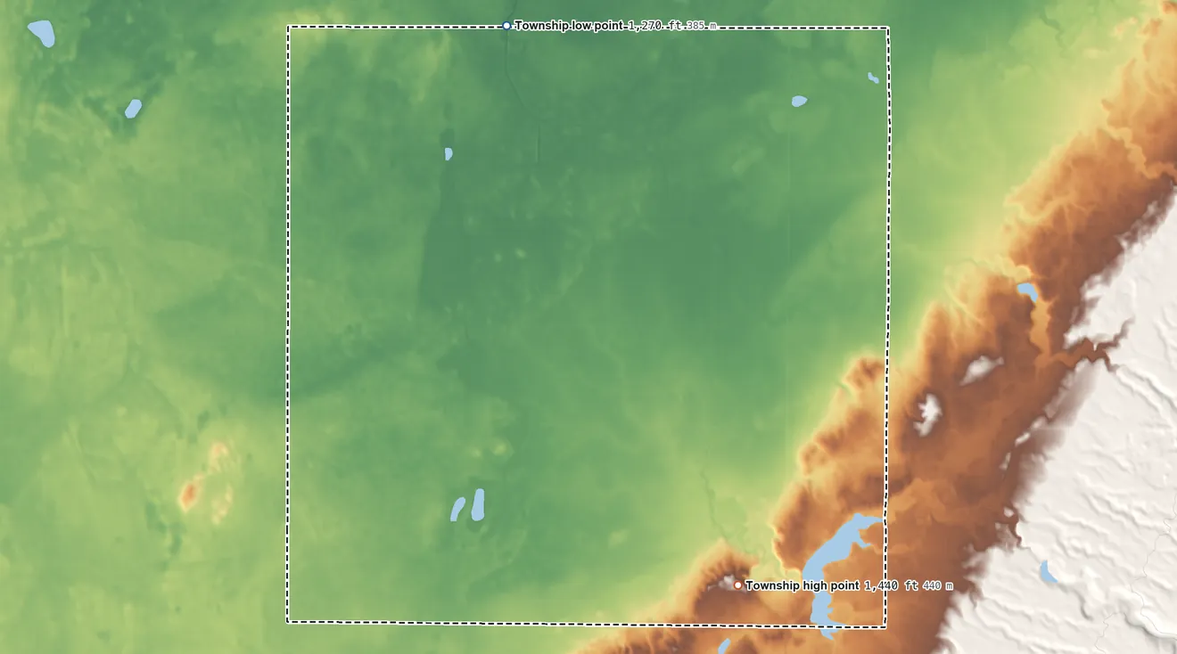 Topographic elevation map of White Township, South Dakota, shaded from 1,270 ft on the north side to 1,440 ft on the southeast side