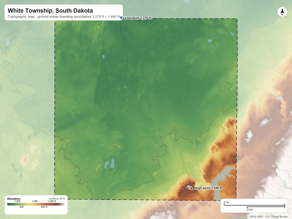 Topographic elevation map of White Township, South Dakota, shaded from 1,270 ft on the north side to 1,440 ft on the southeast side