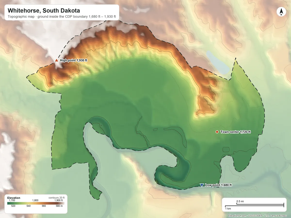 Topographic elevation map of Whitehorse, South Dakota, shaded from 1,680 ft on the south side to 1,930 ft on the northwest side