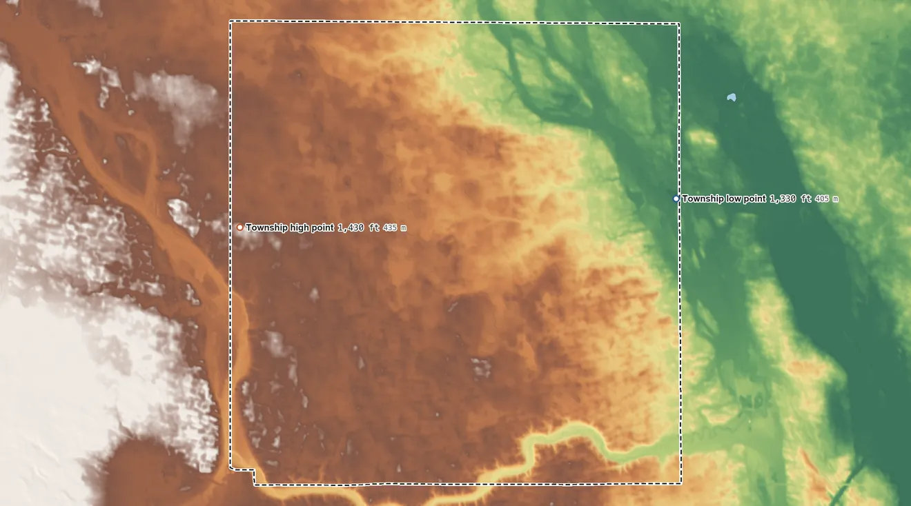 Topographic elevation map of Whiteside Township, South Dakota, shaded from 1,330 ft on the northeast side to 1,430 ft on the northwest side